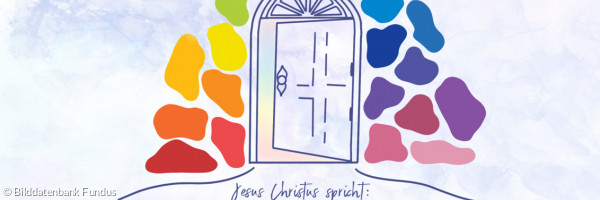Jahreslosung 2022 - offene Tür umgeben von Regenbogenfarben